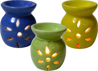 ME&YOU Aroma Diffuser | Oil Burner with Tealight Candle | Fragrance: Lavender, Lemon Grass, & Sandal wood Ceramic 3 - Cup Candle Holder(Yellow, Blue, Green, Pack of 3)