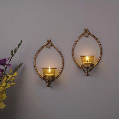 Homesake Set of 2 Decorative Golden Eye Wall Sconce/Candle Holder With Yellow Glass and Free T-light Candles Glass, Iron Tealight Holder Set(Gold, Yellow, Pack of 2)