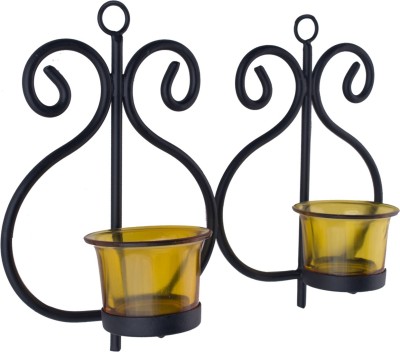 Flipkart SmartBuy Set of 4 Decorative Wall Sconce/Candle Holder with Yellow Glass and Free T-light Candles Iron, Glass Tealight Holder Set(Black, Yellow, Pack of 2)