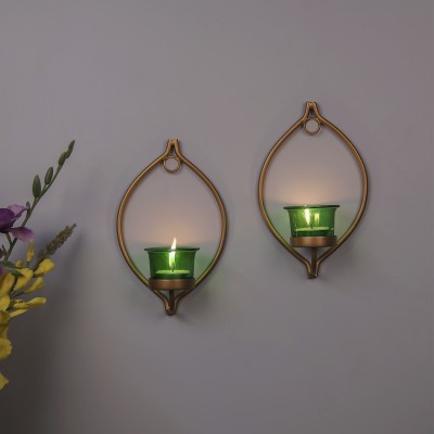 Flipkart SmartBuy Set of 2 Decorative Golden Eye Wall Sconce/Candle Holder with Green Glass and Free T-Light Candles Iron, Glass Tealight Holder Set(Gold, Green, Pack of 2)