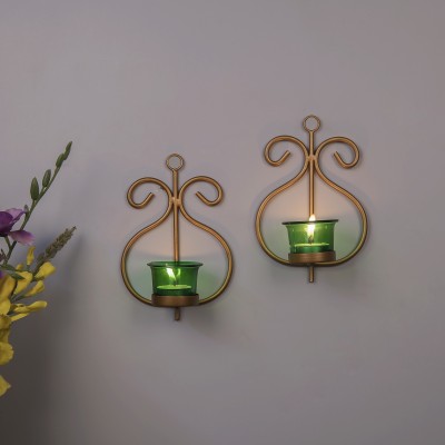 Flipkart SmartBuy Set of 4 Decorative Golden Wall Sconce/Candle Holder with Green Glass and Free T-Light Candles Iron, Glass Tealight Holder Set(Gold, Green, Pack of 2)