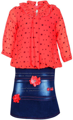 Arshia Fashions Girls Midi/Knee Length Casual Dress(Red, 3/4 Sleeve)