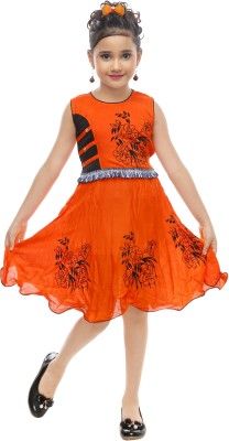 R.D.FASHION Girls Midi/Knee Length Festive/Wedding Dress(Orange, Sleeveless)