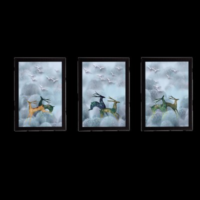 eCraftIndia Set Of 3 Running Deers Satin Matt Texture UV Ink 14 inch x 30 inch Painting(With Frame, Pack of 3)