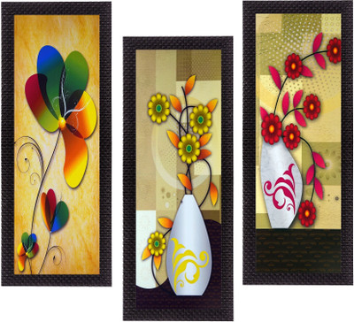 eCraftIndia Set Of 3 Botanical Floral Pots Satin Matt Texture UV Ink 16 inch x 7 inch Painting(With Frame, Pack of 3)