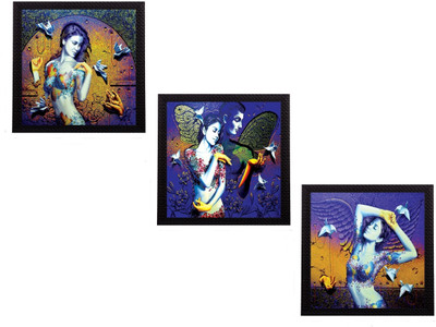 eCraftIndia Set Of 3 Beautiful Lady Satin Matt Texture UV Ink 10 inch x 30 inch Painting(With Frame, Pack of 3)