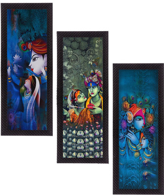 eCraftIndia Set Of 3 Radha Krishna Satin Matt Texture UV Ink 16 inch x 21 inch Painting(With Frame, Pack of 3)