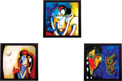 eCraftIndia Set Of 3 Radha Krishna Satin Matt Texture UV Ink 10 inch x 10 inch Painting(With Frame, Pack of 3)