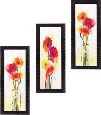 eCraftIndia Set Of 3 Decorative Floral Botanical Pot Satin Matt Texture UV Ink 16 inch x 21 inch Painting(With Frame, Pack of 3)