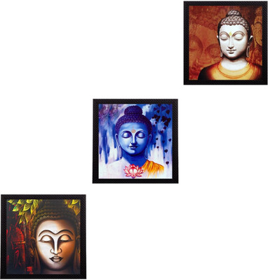 eCraftIndia Set Of 3 Meditating Buddha Satin Matt Texture UV Ink 10 inch x 30 inch Painting(With Frame, Pack of 3)