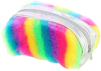 R H lifestyle Rainbow Holographic Plush Furry Soft Multipurpose Cosmetic Bag