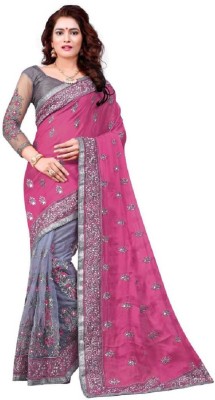 Gymfy Embroidered Bollywood Net Saree(Pink)