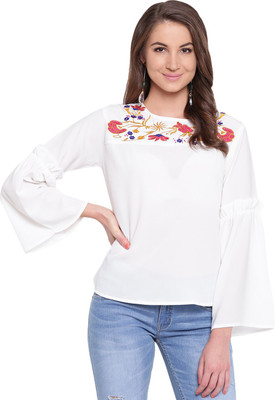 MAYRA Party Full Sleeve Embroidered Women White Top