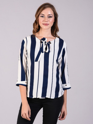 Hautemoda Casual 3/4 Sleeve Striped Women Dark Blue, White Top