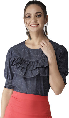 Style Quotient Casual Puff Sleeve Polka Print Women Blue Top