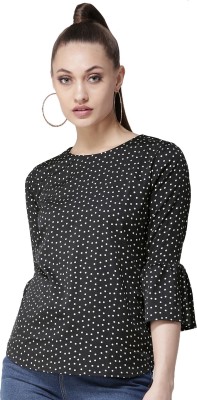 Style Quotient Casual Bell Sleeve Polka Print Women Black Top