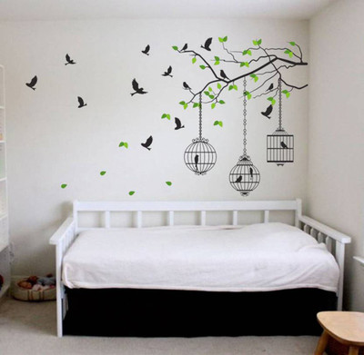 Inkfence 130 cm Wall Tree Branches with Leaves Birds and Cages Self Adhesive Sticker(Pack of 1)