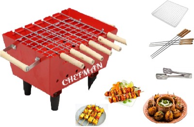 Chefman Portable Charcoal Barbeque Grill & Tandoor 6 Skewers, Grill, Tong Set (Red) Charcoal Grill