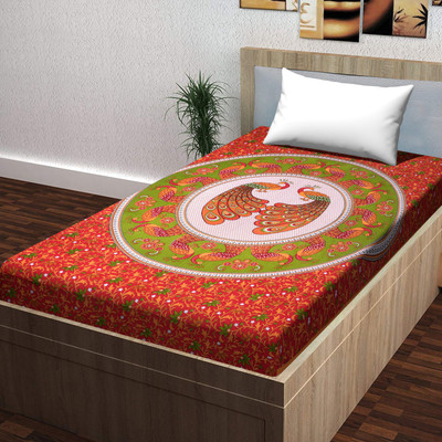 Loroco 104 TC Cotton Single Printed Flat Bedsheet(Pack of 1, Red)