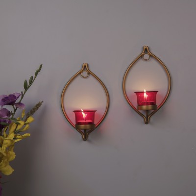 Homesake Set of 2 Decorative Golden Eye Wall Sconce/Candle Holder With Red Glass and Free T-light Candles Glass, Iron 2 - Cup Tealight Holder Set(Red, Gold, Pack of 2)