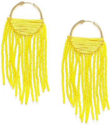ACCESSHER Yellow Beads Tassel, Silk Thread Hoop Earrings Fabric Hoop Earring