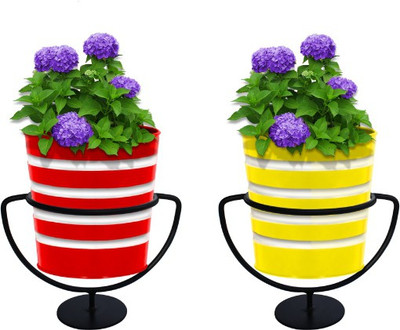 TrustBasket Set of 2 Trophy Stand with Yellow and Red Ribbed Planters Plant Container Set(Pack of 2, Metal)