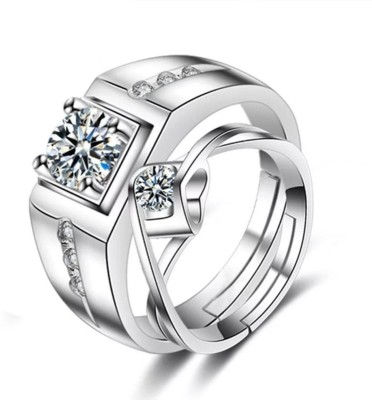 MYKI Adorable Couple Adjustable Ring Stainless Steel Swarovski Zirconia Sterling Silver Plated Ring Set