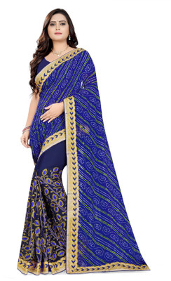 Arriva Fab Printed, Embroidered Bandhani Georgette Saree(Blue)