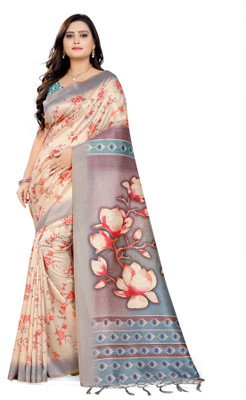 Arriva Fab Printed Bhagalpuri Tussar Silk Saree(Cream)