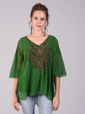 Hautemoda Party Bell Sleeve Embroidered Women Green Top