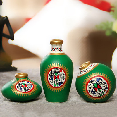 ExclusiveLane Warli Hand-Painted Terracotta Mini Pots (Set of 3, Green) Table Décor Decorative Showpiece - 9.1 cm(Terracotta, Green) ExclusiveLane Warli Hand-Painted Terracotta Mini Pots (Set of 3, Green) Table Décor Decorative Showpiece - 9.1 cm(Terracotta, Green)