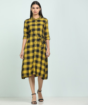Tokyo Talkies Women Shirt Black, Yellow Below Knee Dress