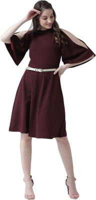 KASSUALLY Women Fit and Flare Maroon Knee Length Dress