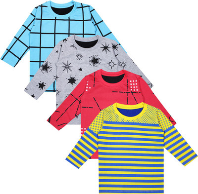 Luke and Lilly Boys Checkered, Printed, Striped Cotton Blend Regular T Shirt(Multicolor, Pack of 4)