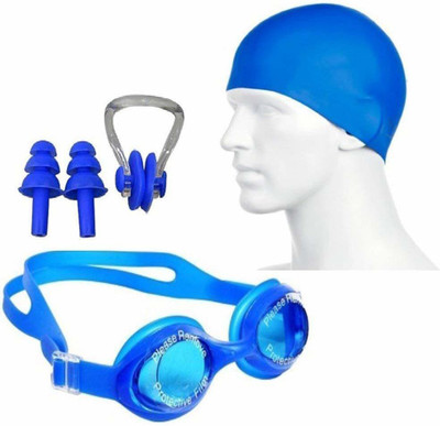 Voroly 4 in 1 Combo Swimming Kit for Goggle Cap Nose Plug and Ear Clip Swimming Cap(Blue, Pack of 1)