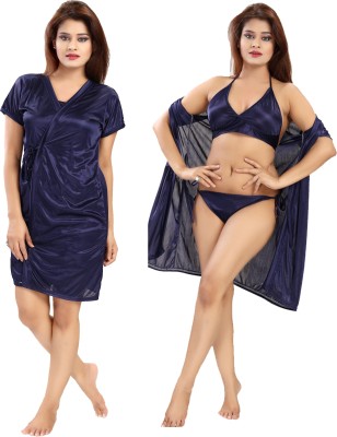 Glam World Women Robe and Lingerie Set(Dark Blue)