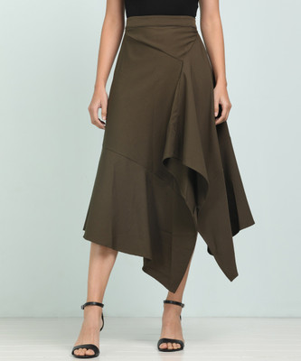 AND Solid Women Asymetric Dark Green Skirt