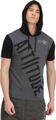 ATTIITUDE Printed Men Hooded Neck Grey, Black T-Shirt