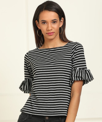 AND Casual Layered Sleeve Striped Women Black, Grey Top