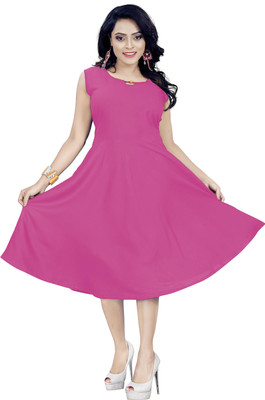 REYANS Women Fit and Flare Pink Below Knee Dress