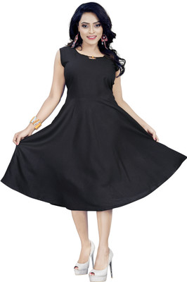 REYANS Women Fit and Flare Black Below Knee Dress
