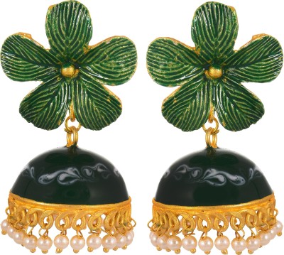 Weldecor Traditional Meenakari Jhumki Earring For Girls/Women (Green) Pearl Brass Jhumki Earring