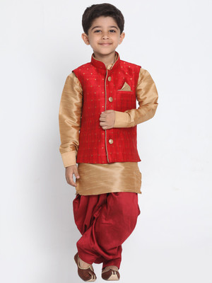 VASTRAMAY Boys Festive & Party Ethnic Jacket, Kurta and Dhoti Pant Set(Maroon Pack of 1)