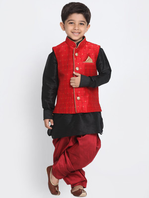 VASTRAMAY Boys Festive & Party Ethnic Jacket, Kurta and Dhoti Pant Set(Maroon Pack of 1)