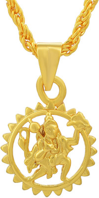 morir Small Round Shape Pawan Putra Hanuman with Sanjeevani Design Religious Gold Chain Pendant Necklace for Men & Women Gold-plated Brass Pendant