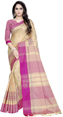 Ratnavati Printed Handloom Cotton Blend, Cotton Silk Saree(Beige)