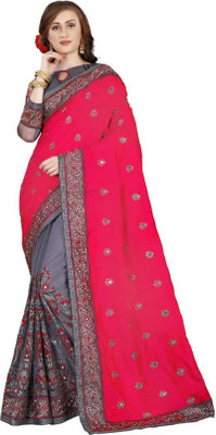 Gymfy Embroidered Bollywood Net Saree(Pink)