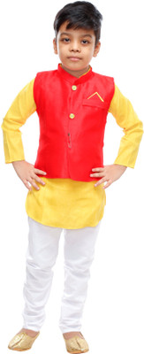DigiMart Boys Festive & Party Kurta, Waistcoat and Pyjama Set(Yellow Pack of 1)
