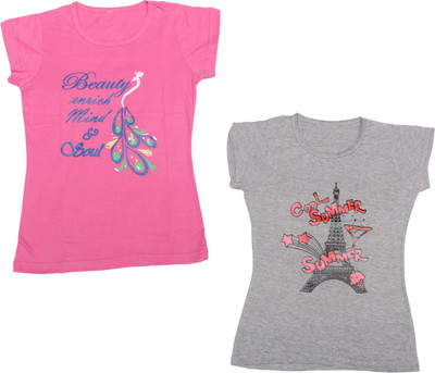 Indistar Girls Printed Cotton Blend Regular, Slim T Shirt(Pink, Pack of 2)
