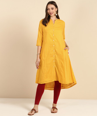 biba-women-solid-asymmetric-kurtayellow